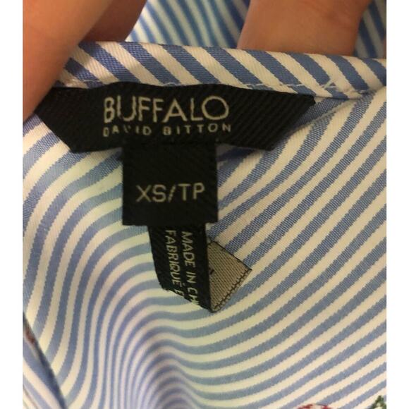 Buffalo David Bitton Size XS Blue & White Striped Cherries Dress Tie Back Ruffle - Picture 2 of 8